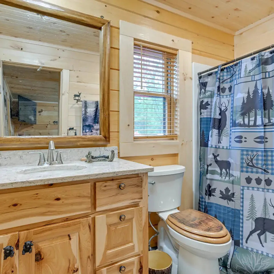 bathroom in log cabin for rent in adams county